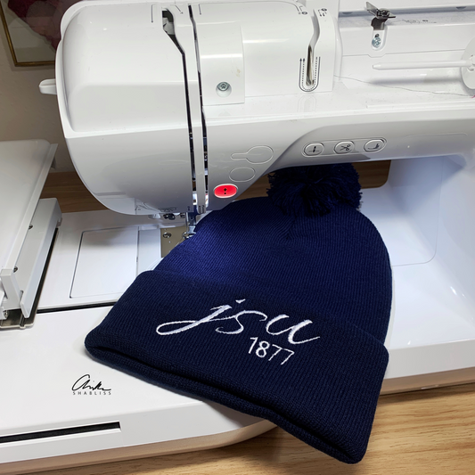 JSU Cursive Letters Pom Pom Navy Blue Hat