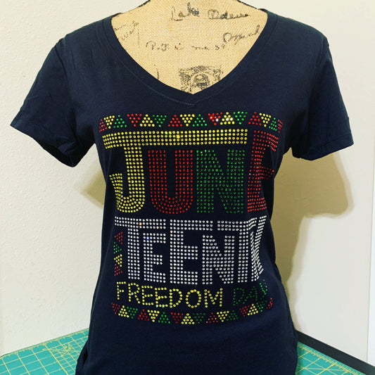 Juneteenth Freedom Day Rhinestone Black Shirt