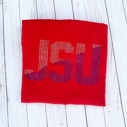 JSU White Blue Rhinestone Red Ladies Fit Crew Red Shirt