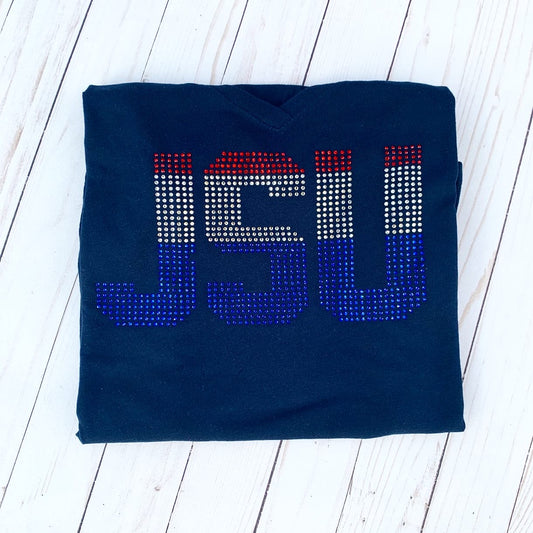 JSU Red White Blue Rhinestone Ladies Fit Vneck Navy Shirt