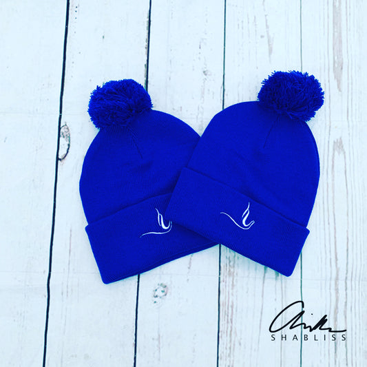Pom Pom Beanie Royal Blue Embroidered White Dove Hat
