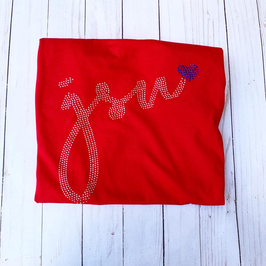 JSU White Blue Rhinestone Red Ladies Fit Crew Red Shirt