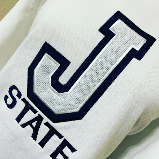 JSU J Double Outline White  Blue Embroidered Sweatshirt