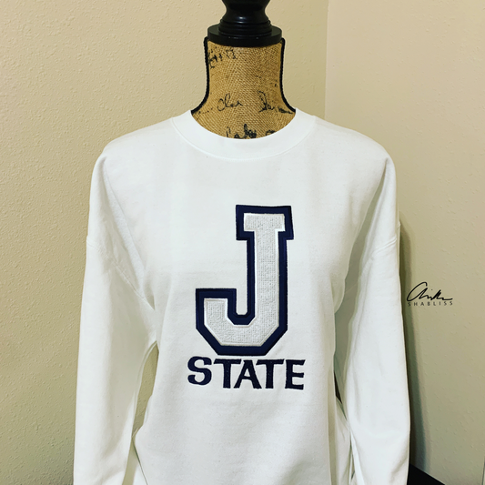 JSU J Double Outline White  Blue Embroidered Sweatshirt