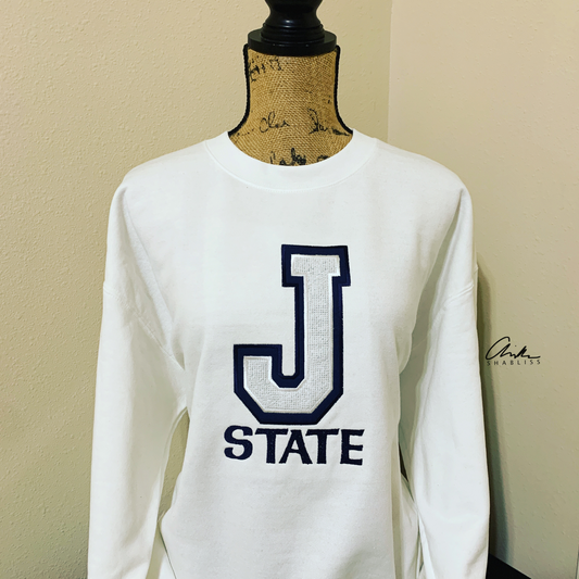 JSU J Double Outline White Blue Embroidered Sweatshirt