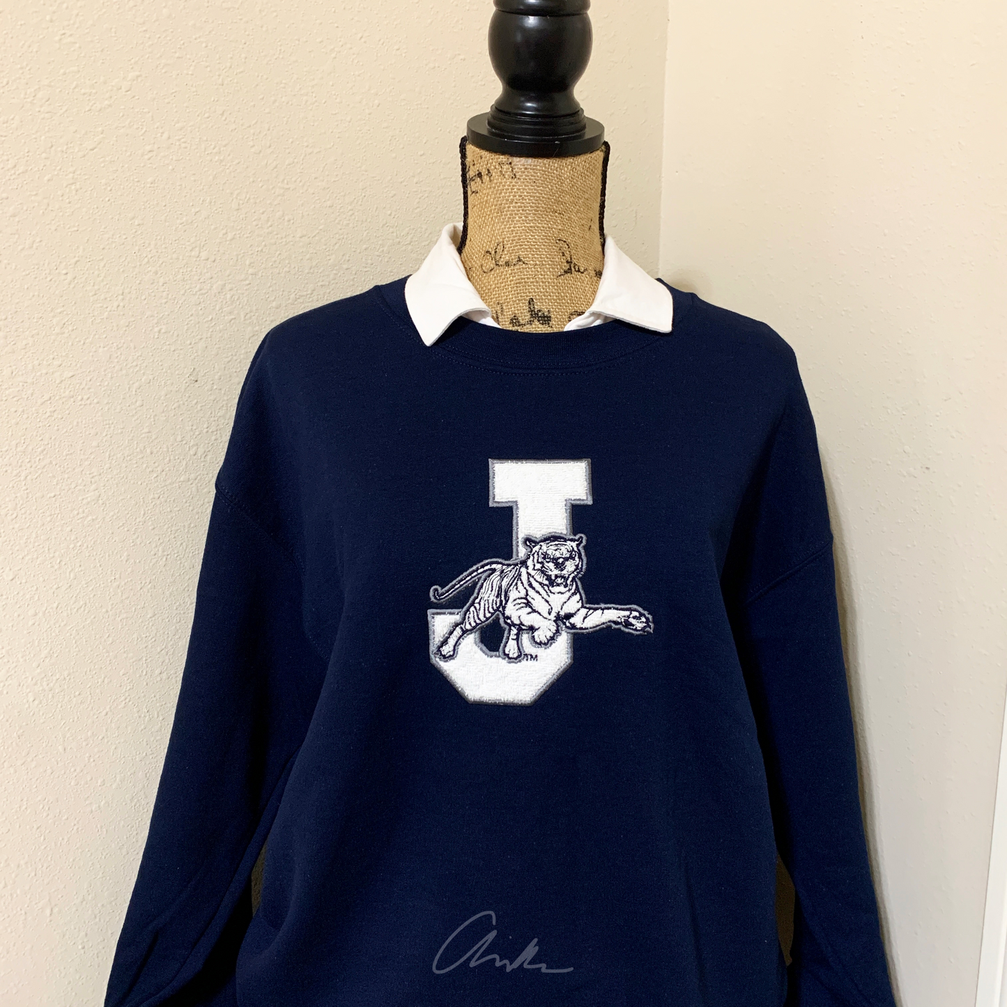 JSU J Tiger White Blue Embroidered Sweatshirt