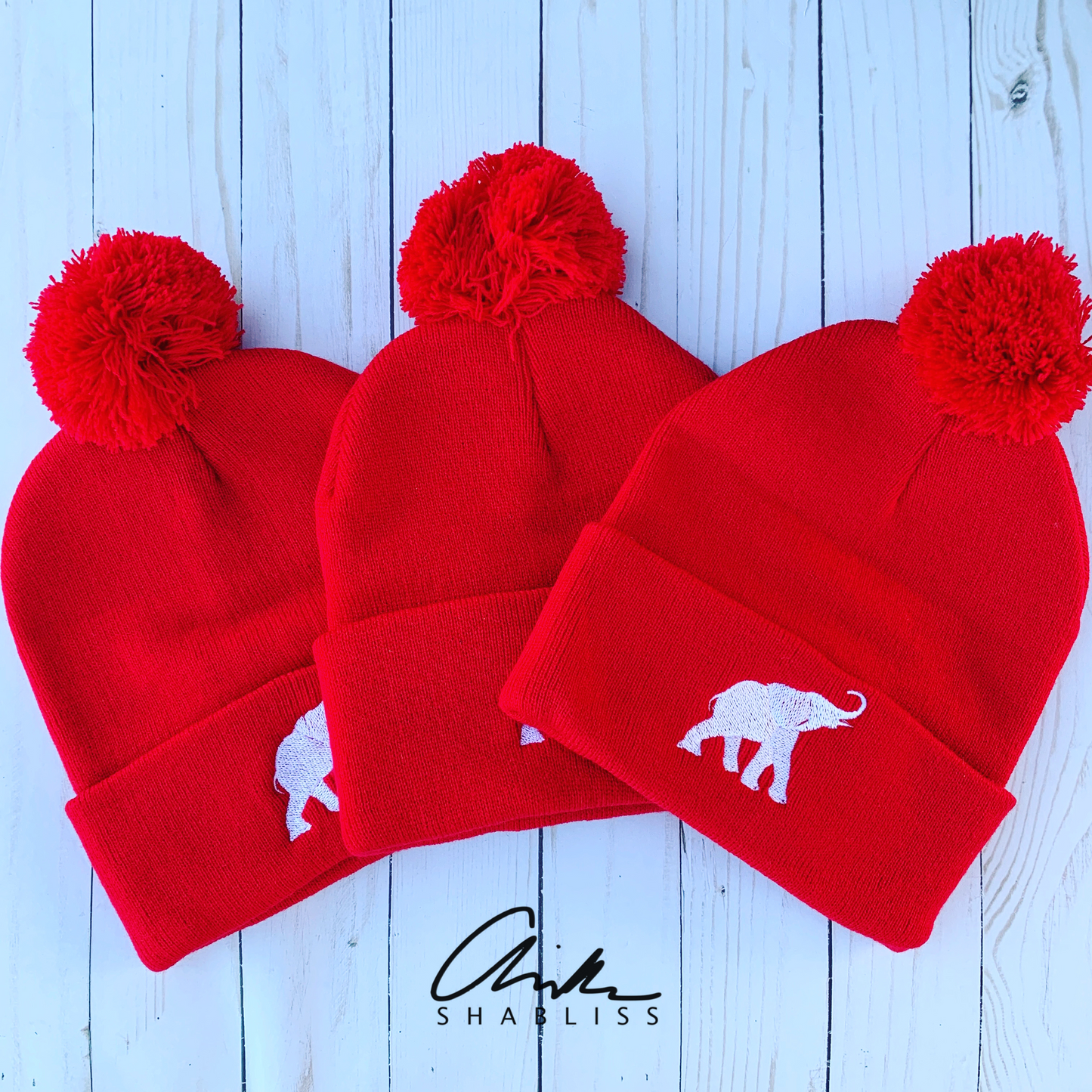 Embroidered White Elephant Red Delta Pompom Hat