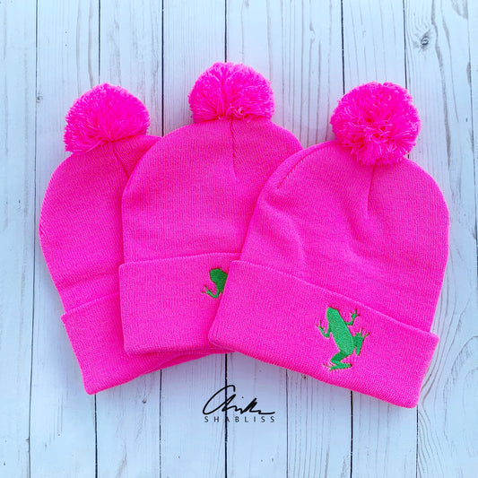 Pom Pom Beanie Hot Pink Green Frog Hat